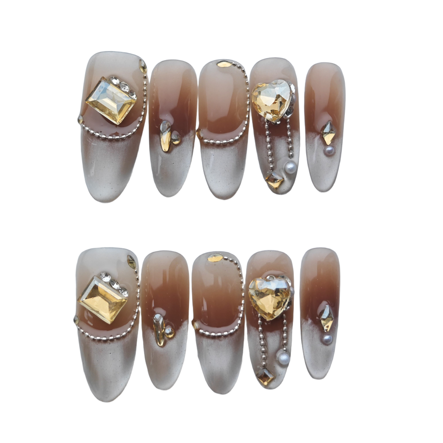 Brown Ombre Luxury Press-On Nails – 3D Gold Crystal & Pearl Accents | Long Coffin Reusable Nail Tips | Elegant Luxury Nail Art