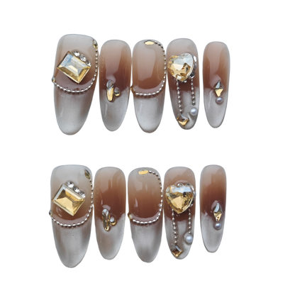 Brown Ombre Luxury Press-On Nails – 3D Gold Crystal & Pearl Accents | Long Coffin Reusable Nail Tips | Elegant Luxury Nail Art