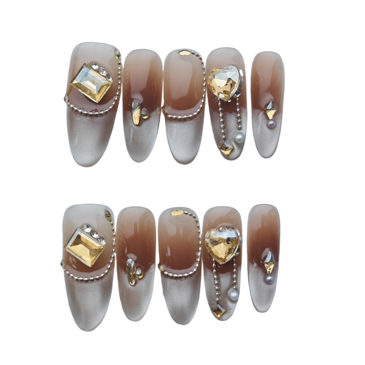 Brown Ombre Luxury Press-On Nails – 3D Gold Crystal & Pearl Accents | Long Coffin Reusable Nail Tips | Elegant Luxury Nail Art