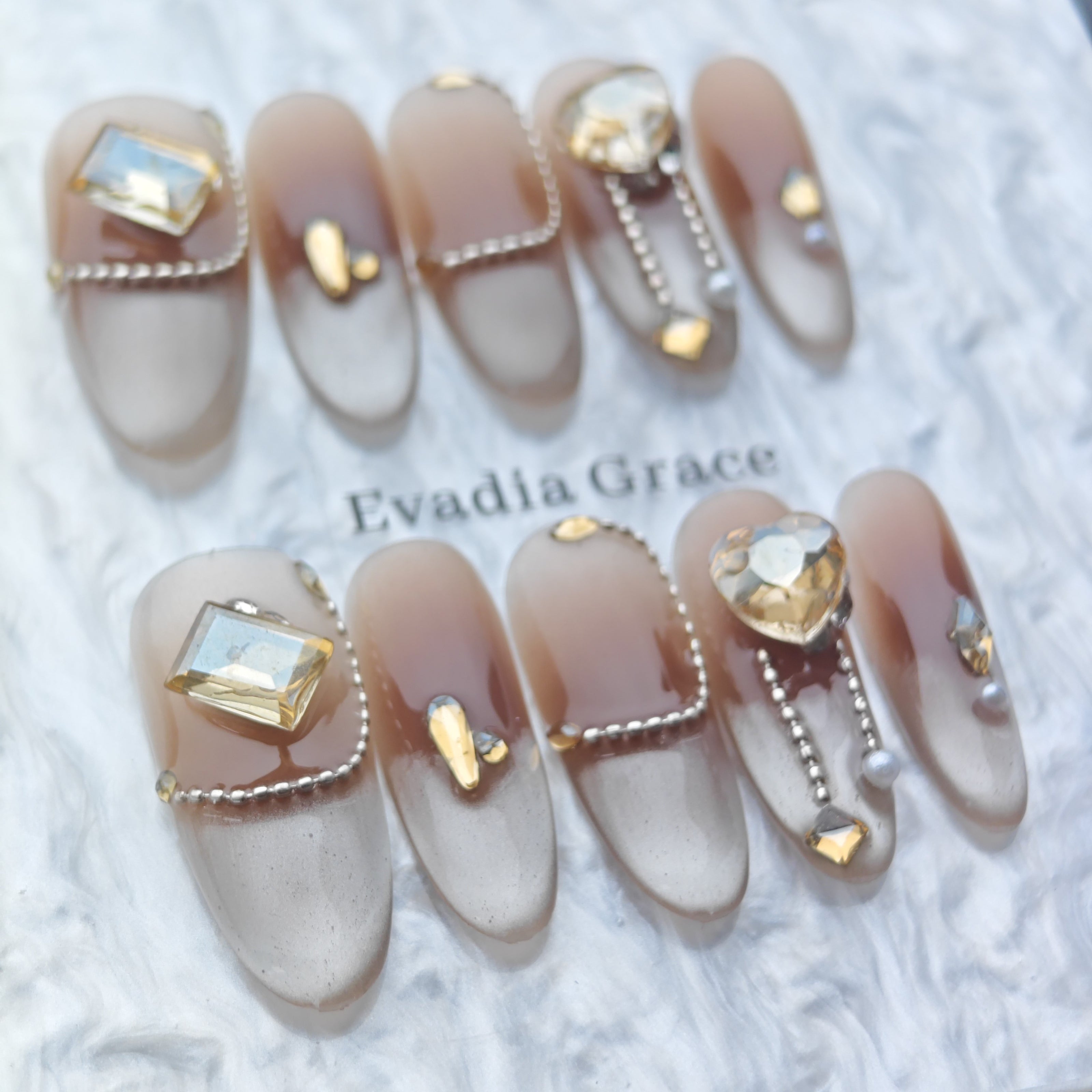 Brown Ombre Luxury Press-On Nails – 3D Gold Crystal & Pearl Accents | Long Coffin Reusable Nail Tips | Elegant Luxury Nail Art