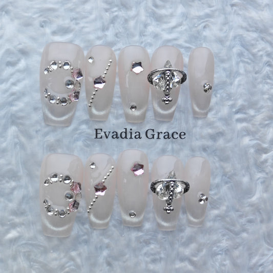 Elegant Brown Gradient Press-On Nails – Gold & Pearl 3D Crystal Design | Long Coffin Luxury Fake Nails | Reusable Nail Art Tips