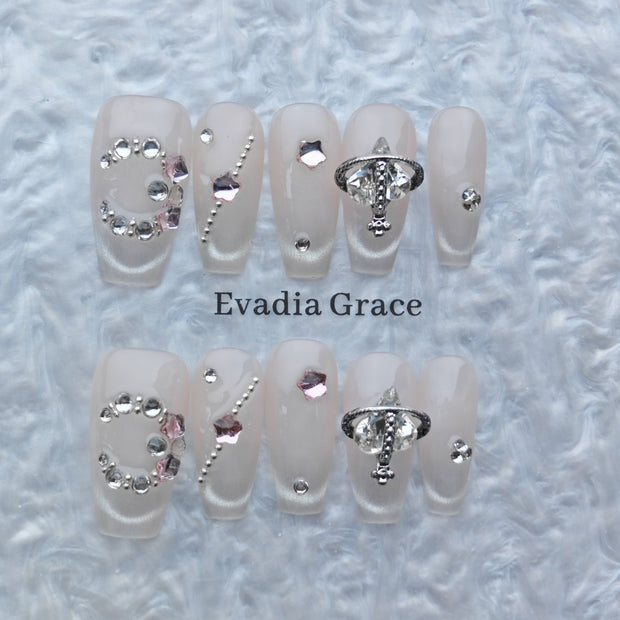 Elegant Brown Gradient Press-On Nails – Gold & Pearl 3D Crystal Design | Long Coffin Luxury Fake Nails | Reusable Nail Art Tips