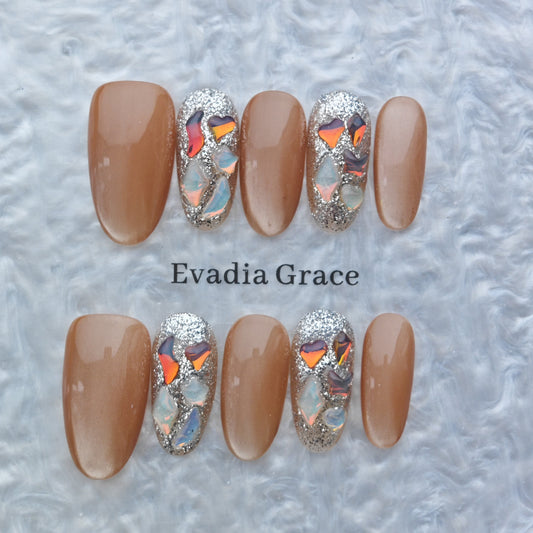 Brown Silver Glitter Press-On Nails – Iridescent Shattered Glass Design | Almond Shape Fake Nails | Reusable Luxury Nail Art Tips
