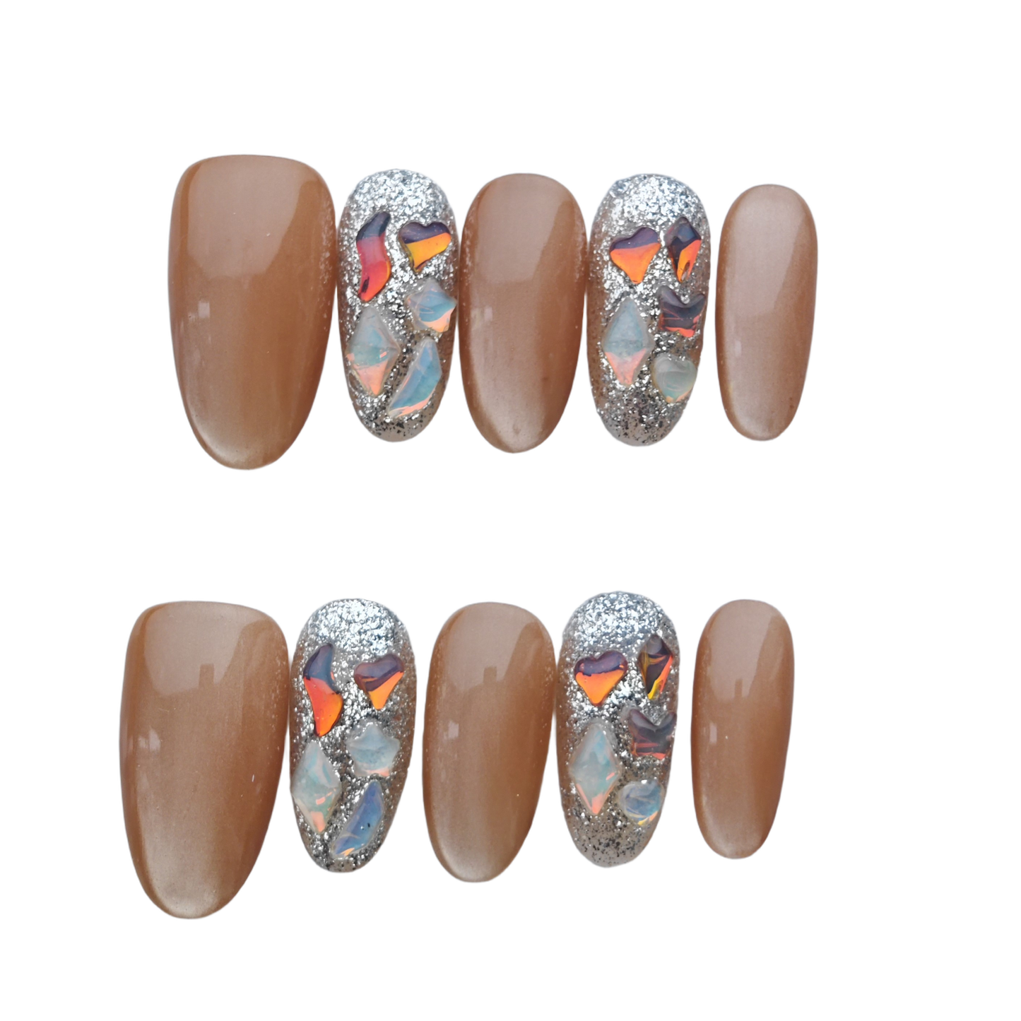 Brown Silver Glitter Press-On Nails – Iridescent Shattered Glass Design | Almond Shape Fake Nails | Reusable Luxury Nail Art Tips