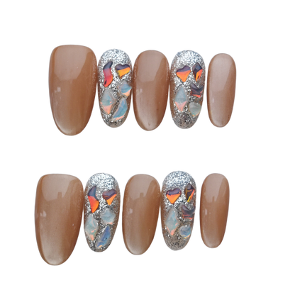 Brown Silver Glitter Press-On Nails – Iridescent Shattered Glass Design | Almond Shape Fake Nails | Reusable Luxury Nail Art Tips