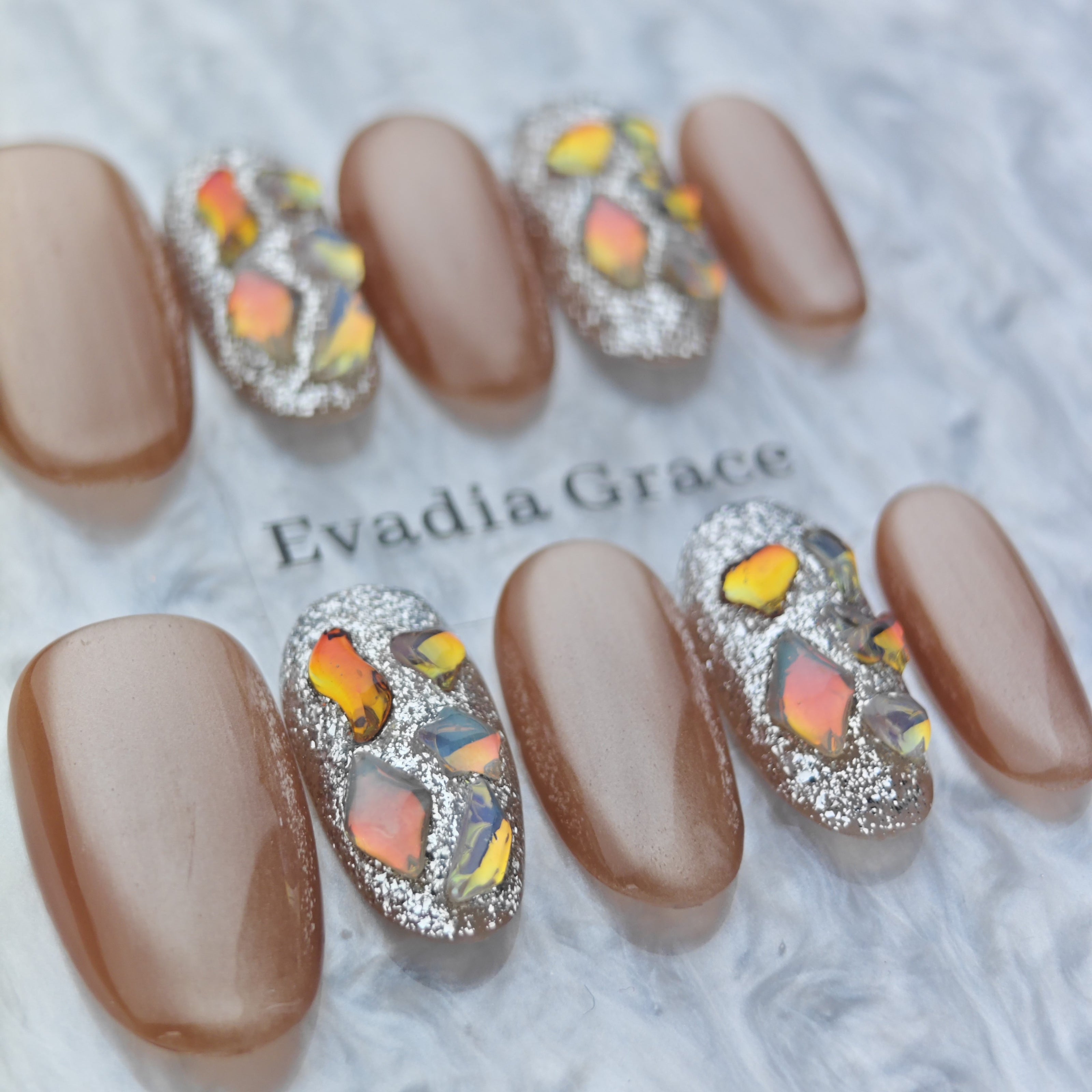 Brown Silver Glitter Press-On Nails – Iridescent Shattered Glass Design | Almond Shape Fake Nails | Reusable Luxury Nail Art Tips
