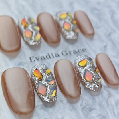Brown Silver Glitter Press-On Nails – Iridescent Shattered Glass Design | Almond Shape Fake Nails | Reusable Luxury Nail Art Tips