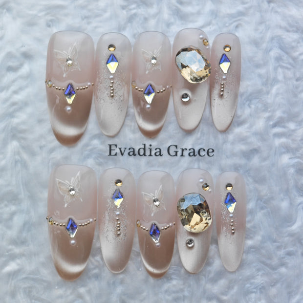 Nude Butterfly Crystal Press-On Nails – Glitter Gradient with 3D Gem Accents | Long Coffin Luxury Reusable Nail Tips