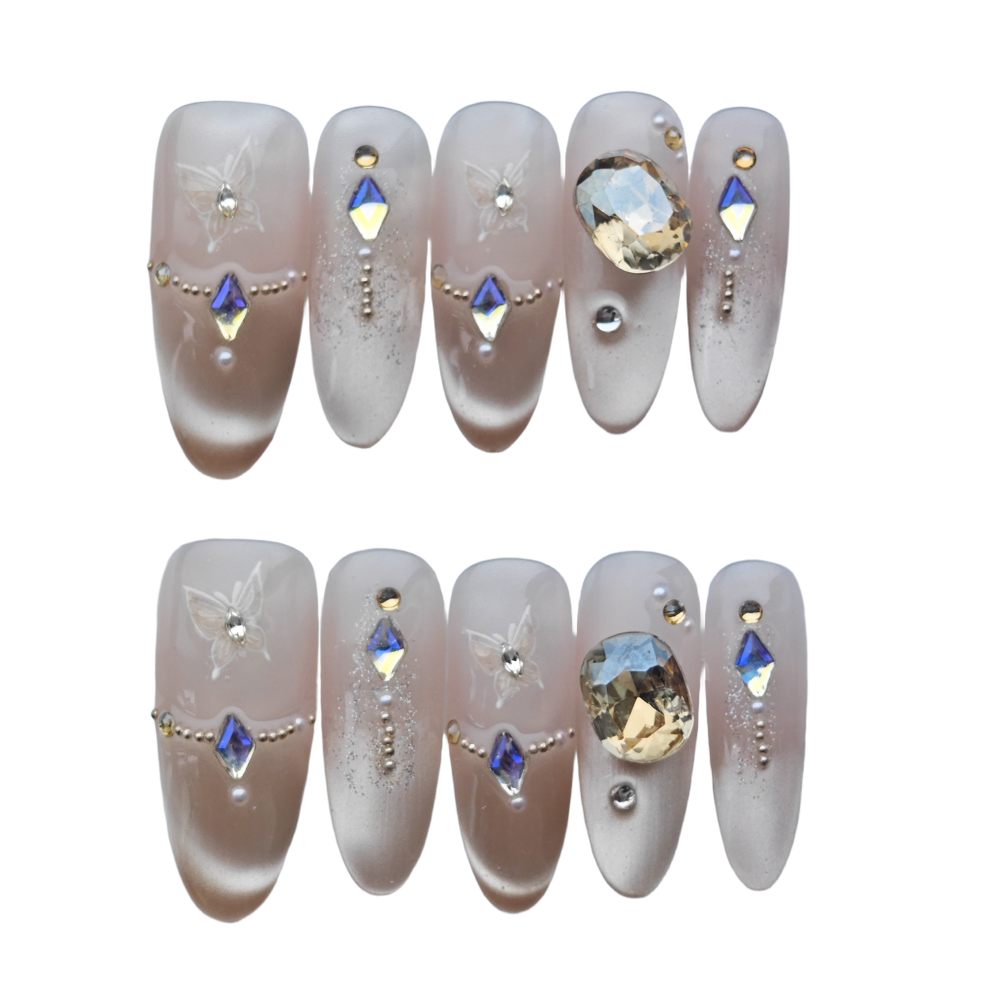 Nude Butterfly Crystal Press-On Nails – Glitter Gradient with 3D Gem Accents | Long Coffin Luxury Reusable Nail Tips