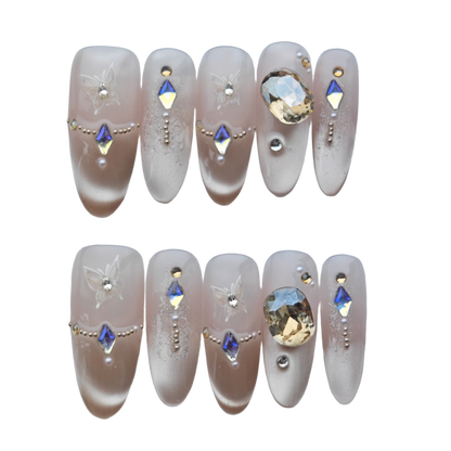 Nude Butterfly Crystal Press-On Nails – Glitter Gradient with 3D Gem Accents | Long Coffin Luxury Reusable Nail Tips