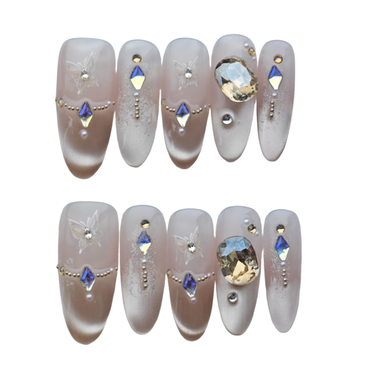 Nude Butterfly Crystal Press-On Nails – Glitter Gradient with 3D Gem Accents | Long Coffin Luxury Reusable Nail Tips