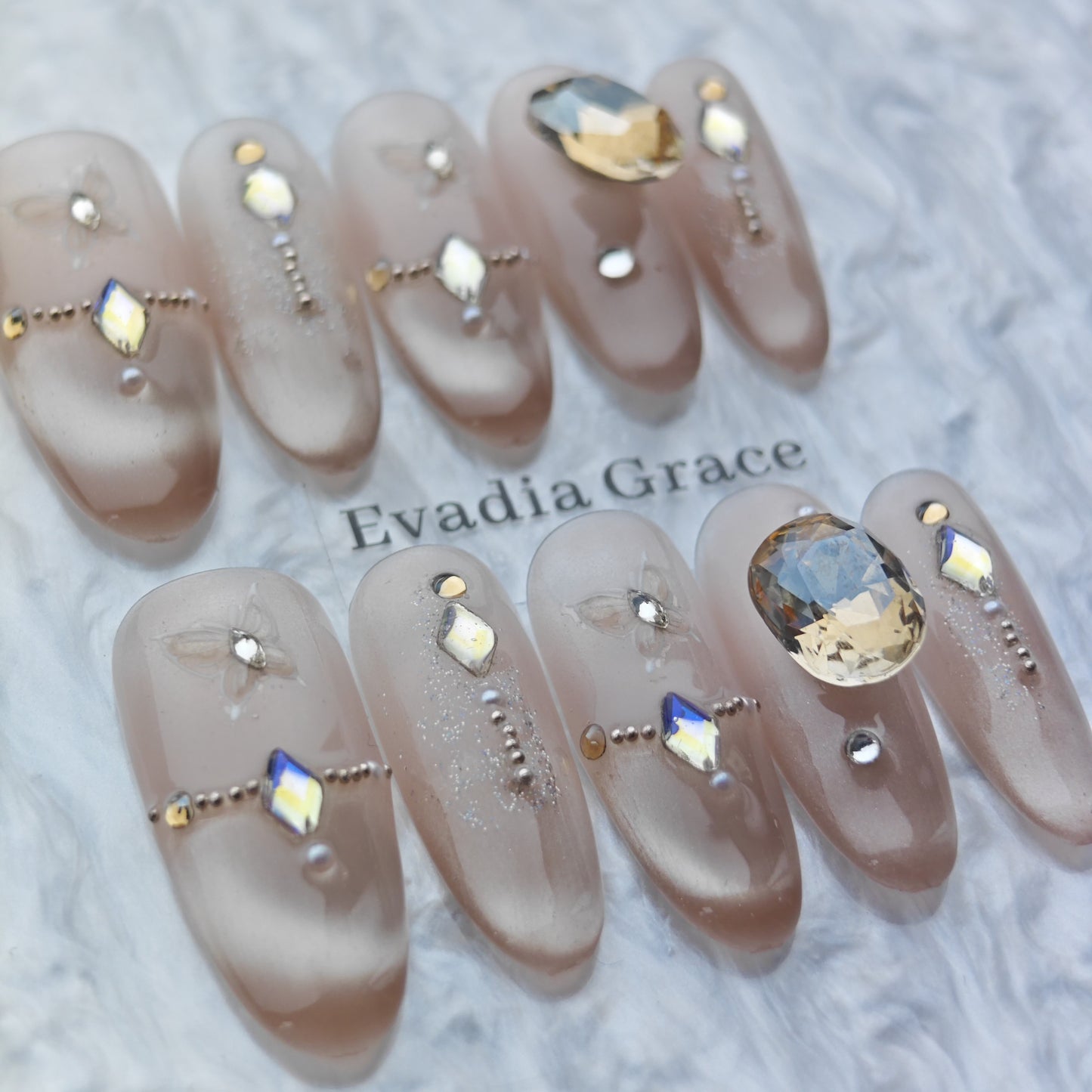 Nude Butterfly Crystal Press-On Nails – Glitter Gradient with 3D Gem Accents | Long Coffin Luxury Reusable Nail Tips