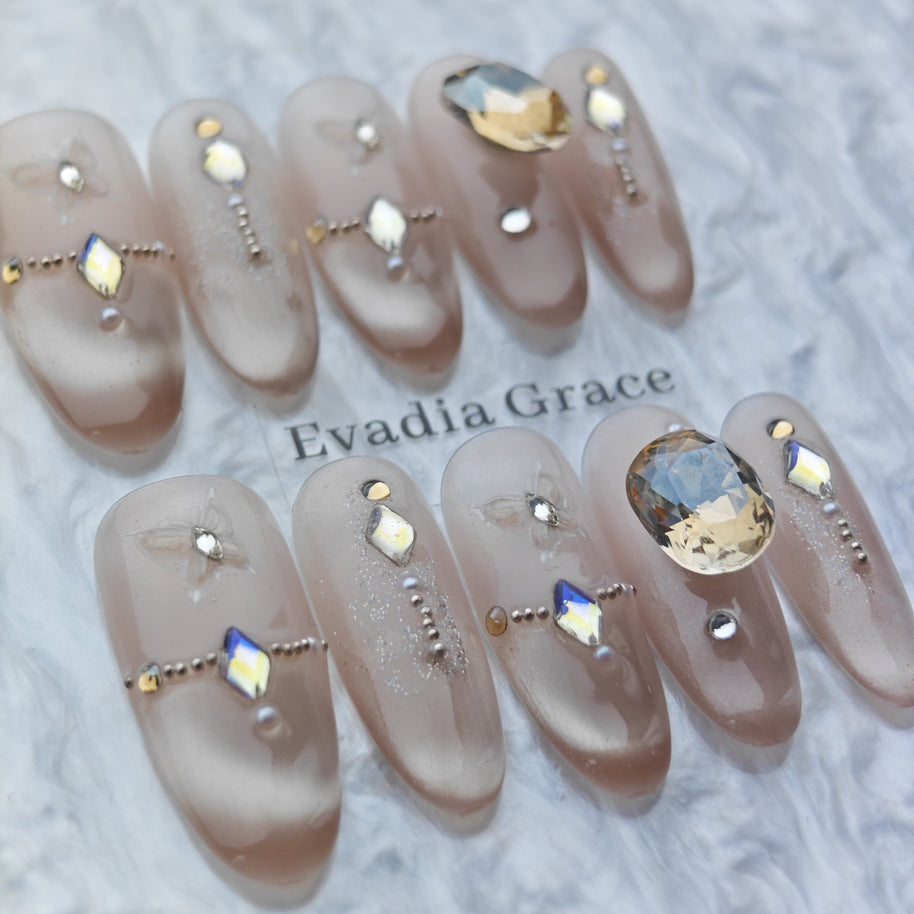 Nude Butterfly Crystal Press-On Nails – Glitter Gradient with 3D Gem Accents | Long Coffin Luxury Reusable Nail Tips