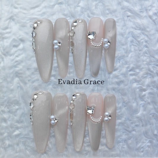 Nude Silver Pearl Butterfly Press On Nails – Elegant Long Stiletto Fake Nails | Bridal & Party Reusable Nail Art Tips