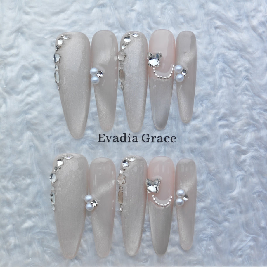Nude Silver Pearl Butterfly Press On Nails – Elegant Long Stiletto Fake Nails | Bridal & Party Reusable Nail Art Tips
