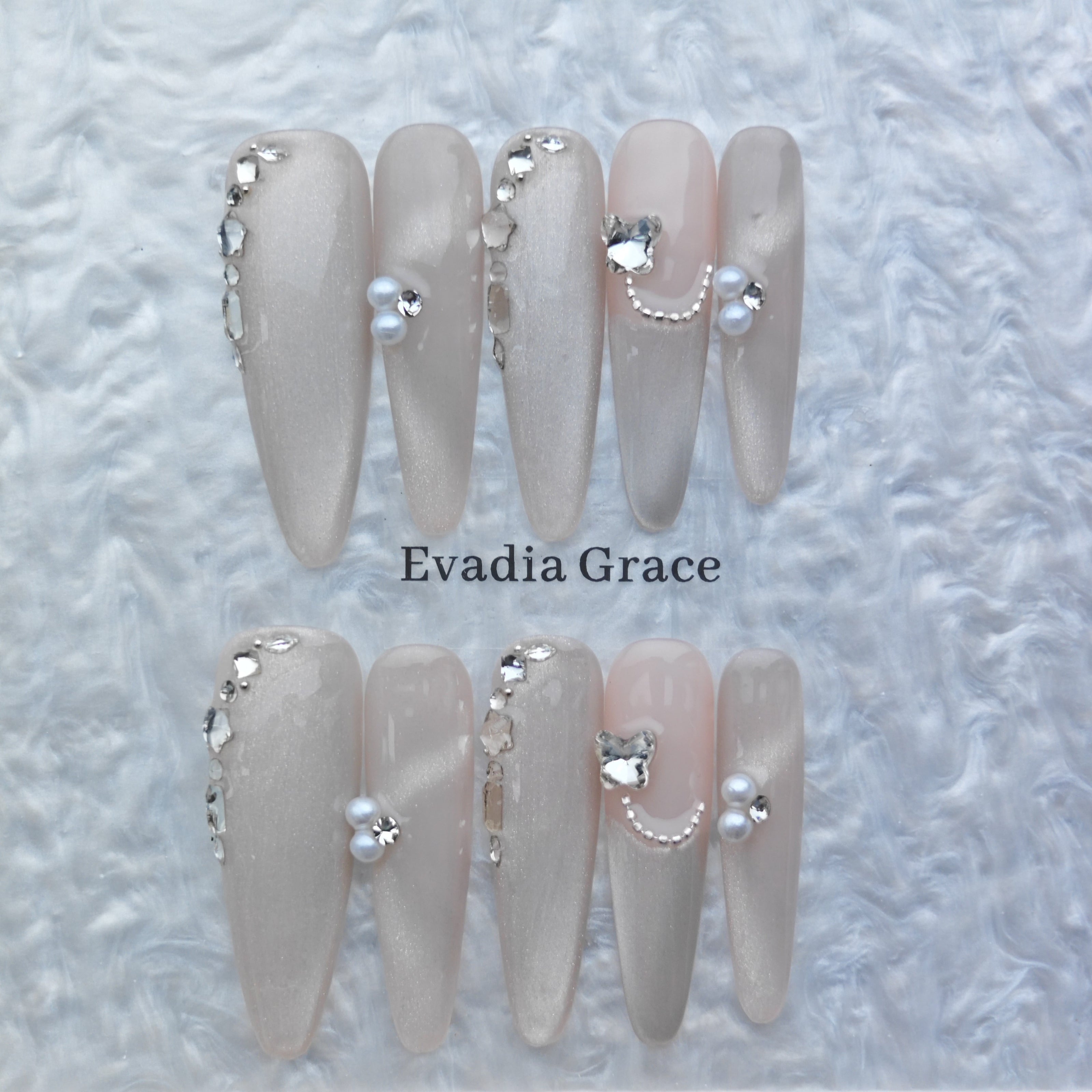 Nude Silver Pearl Butterfly Press On Nails – Elegant Long Stiletto Fake Nails | Bridal & Party Reusable Nail Art Tips