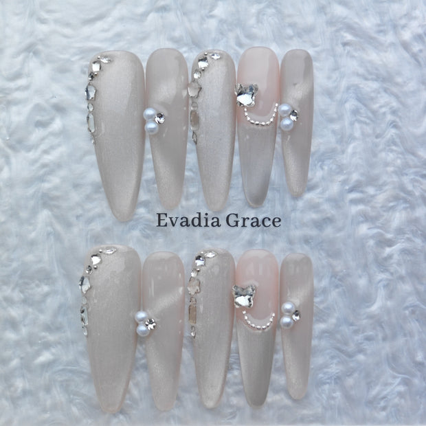 Nude Silver Pearl Butterfly Press On Nails – Elegant Long Stiletto Fake Nails | Bridal & Party Reusable Nail Art Tips
