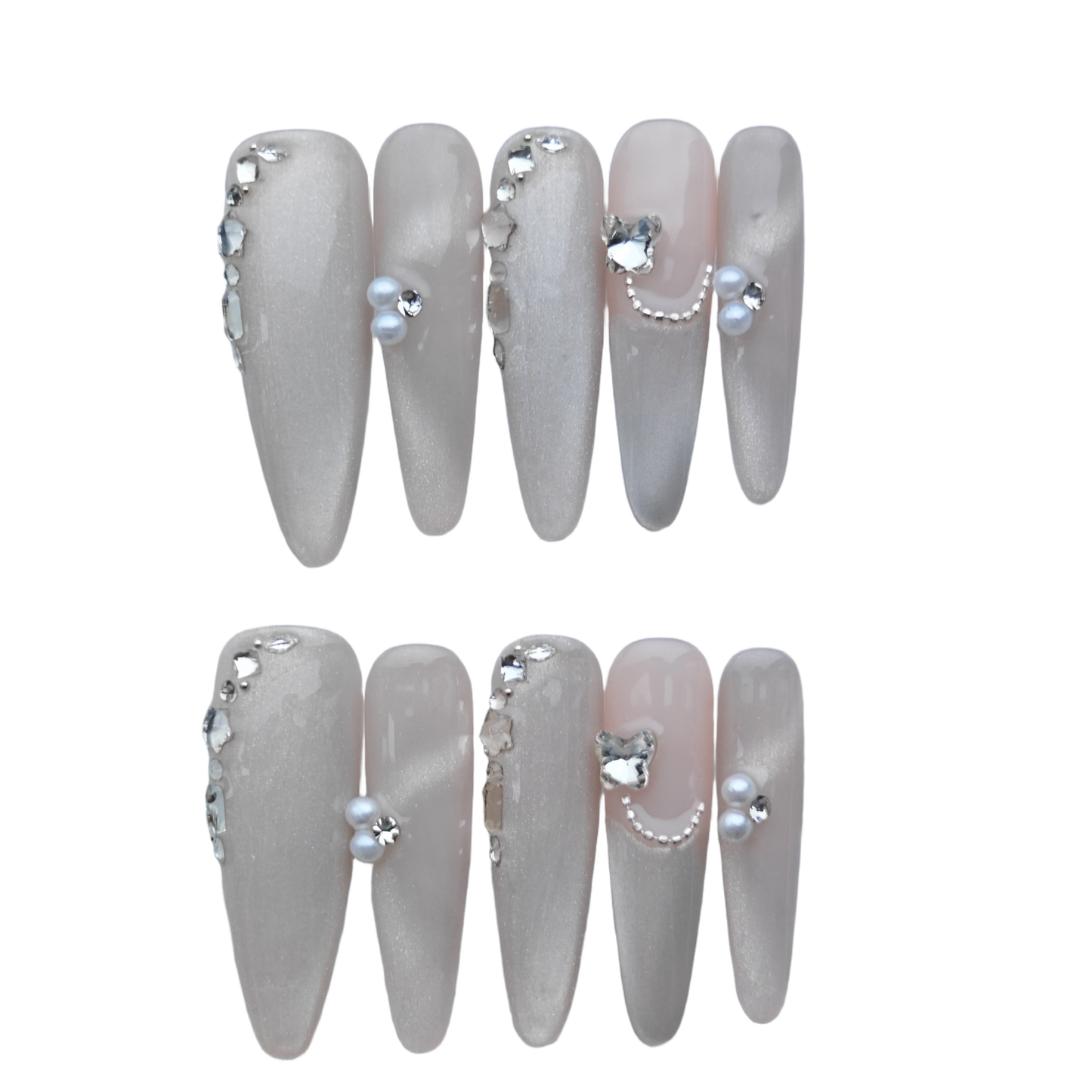 Nude Silver Pearl Butterfly Press On Nails – Elegant Long Stiletto Fake Nails | Bridal & Party Reusable Nail Art Tips