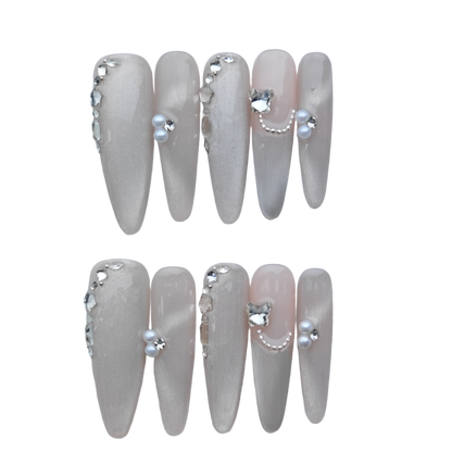 Nude Silver Pearl Butterfly Press On Nails – Elegant Long Stiletto Fake Nails | Bridal & Party Reusable Nail Art Tips