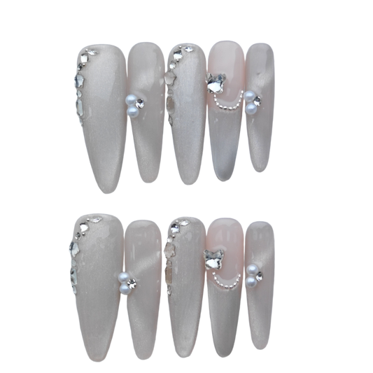 Nude Silver Pearl Butterfly Press On Nails – Elegant Long Stiletto Fake Nails | Bridal & Party Reusable Nail Art Tips