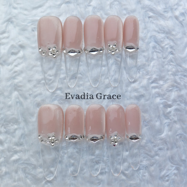 Champagne Nude French Tip Press On Nails – Clear Transparent Ends with Silver Flower Charms | Elegant Long Coffin Fake Nails | Reusable Luxury Nail Art