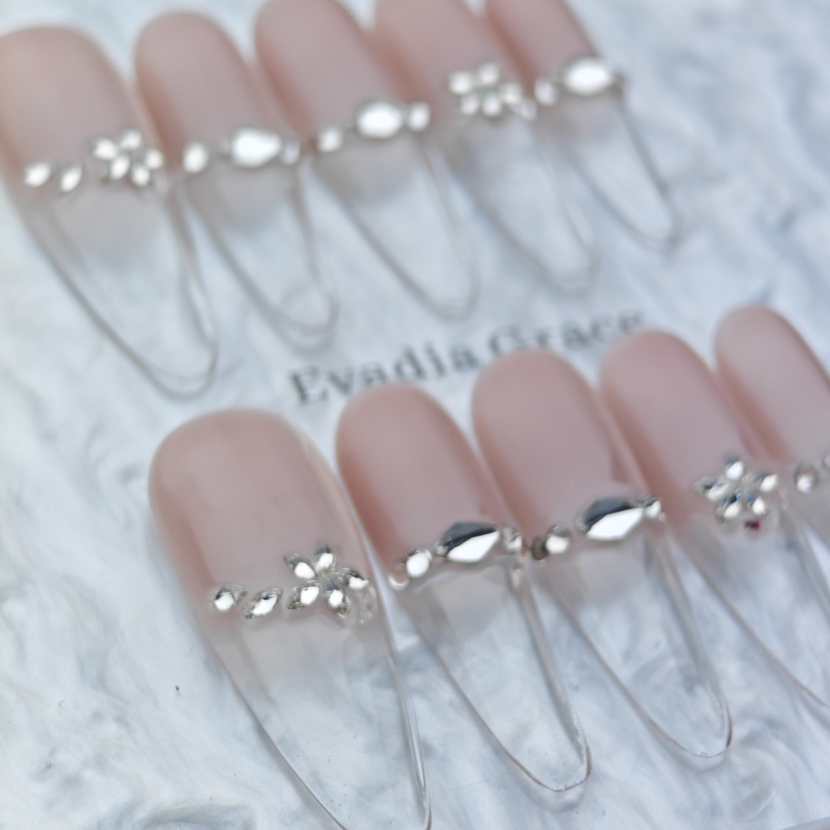 Champagne Nude French Tip Press On Nails – Clear Transparent Ends with Silver Flower Charms | Elegant Long Coffin Fake Nails | Reusable Luxury Nail Art