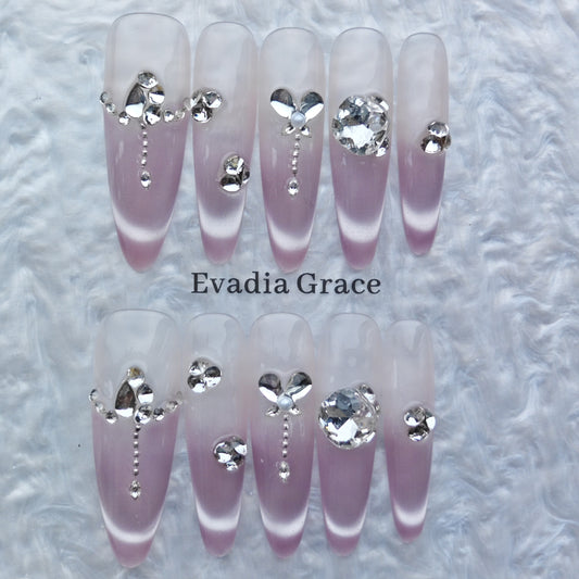 Blush Pink Ombre Press-On Nails – Crystal Heart Accents | Long Coffin Reusable Luxury Nail Tips | Elegant Rhinestone Nail Art