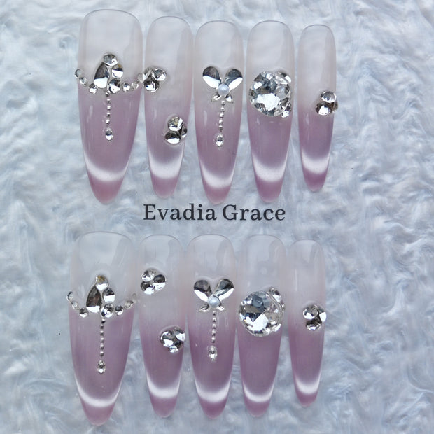 Blush Pink Ombre Press-On Nails – Crystal Heart Accents | Long Coffin Reusable Luxury Nail Tips | Elegant Rhinestone Nail Art