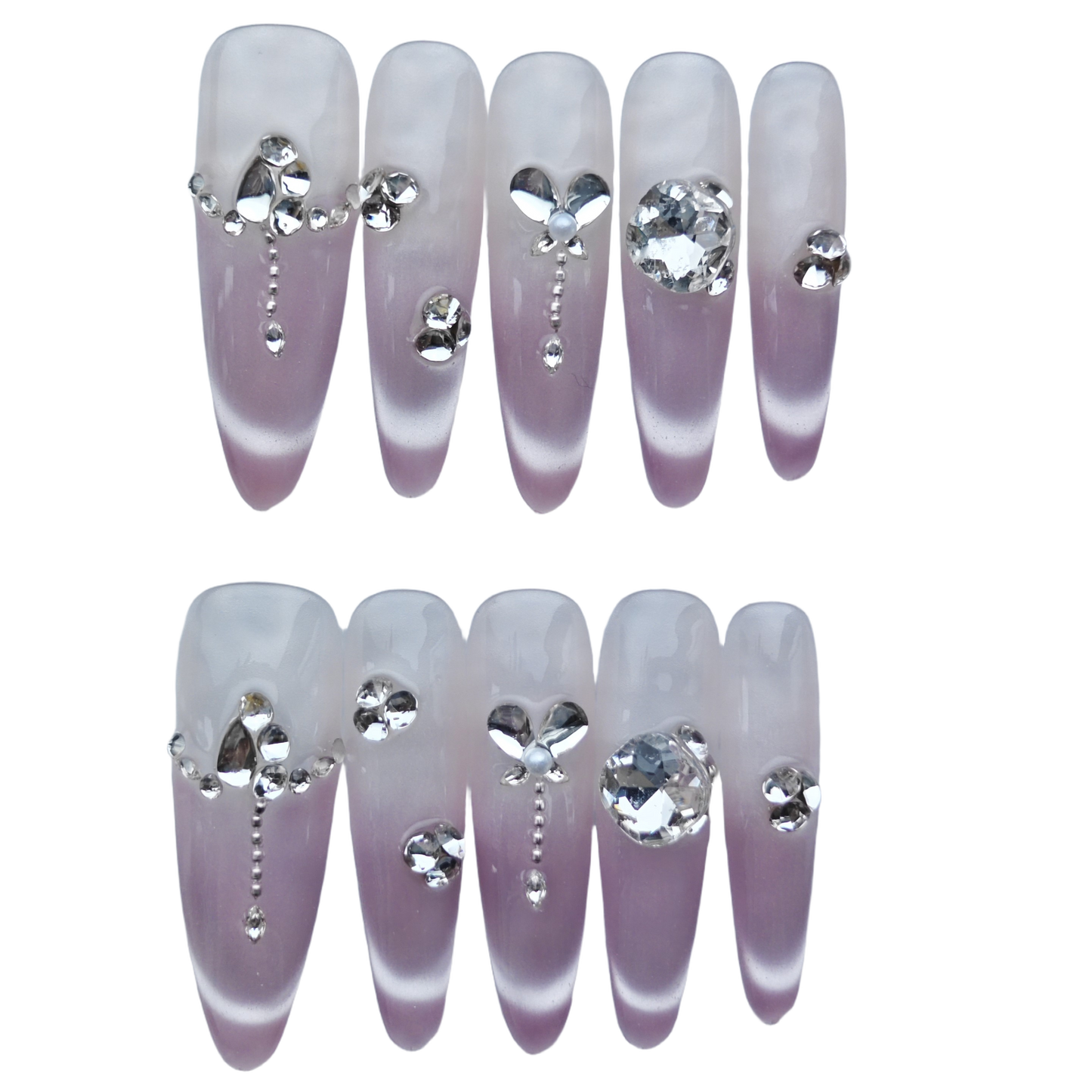 Blush Pink Ombre Press-On Nails – Crystal Heart Accents | Long Coffin Reusable Luxury Nail Tips | Elegant Rhinestone Nail Art
