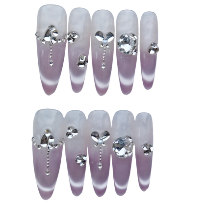 Blush Pink Ombre Press-On Nails – Crystal Heart Accents | Long Coffin Reusable Luxury Nail Tips | Elegant Rhinestone Nail Art