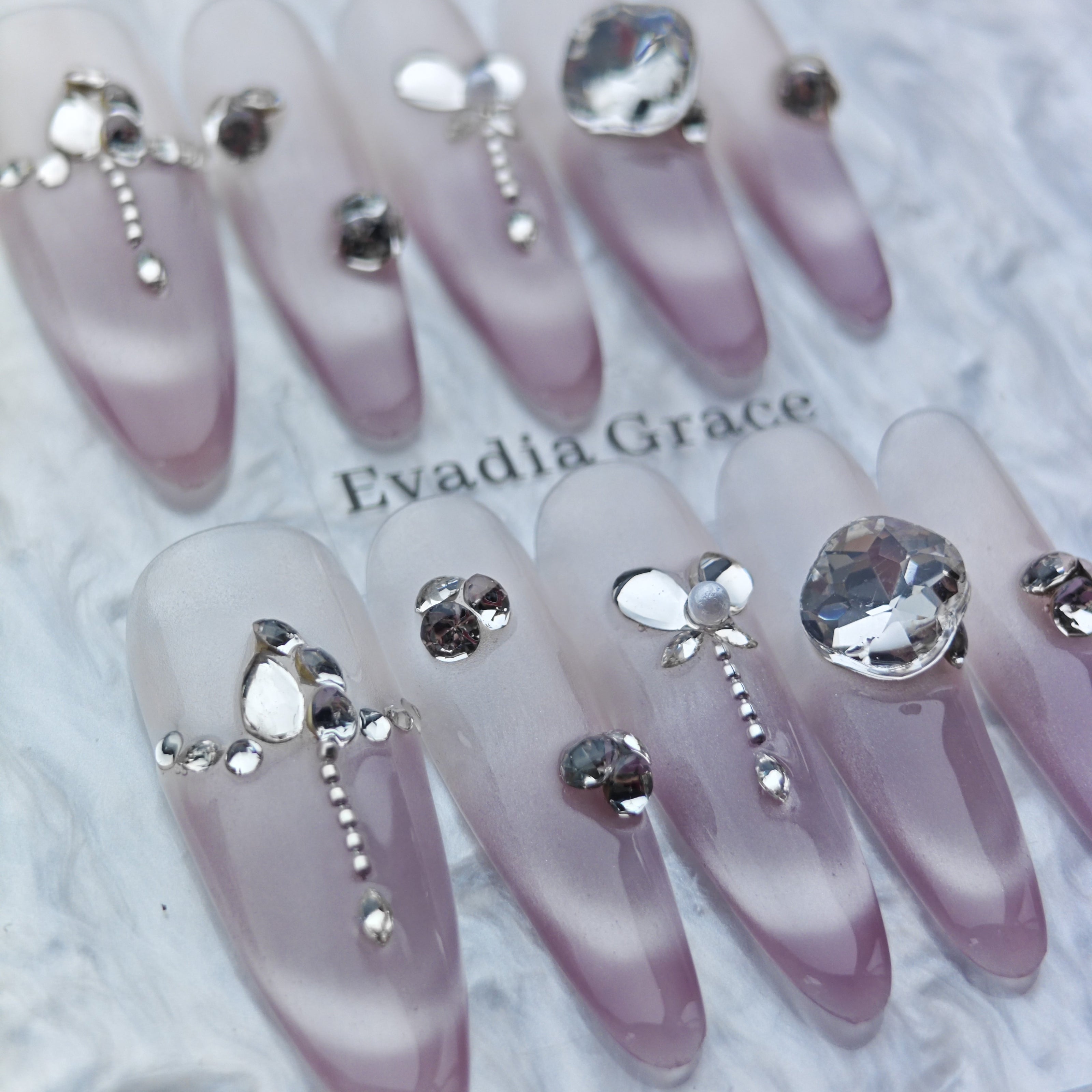 Blush Pink Ombre Press-On Nails – Crystal Heart Accents | Long Coffin Reusable Luxury Nail Tips | Elegant Rhinestone Nail Art