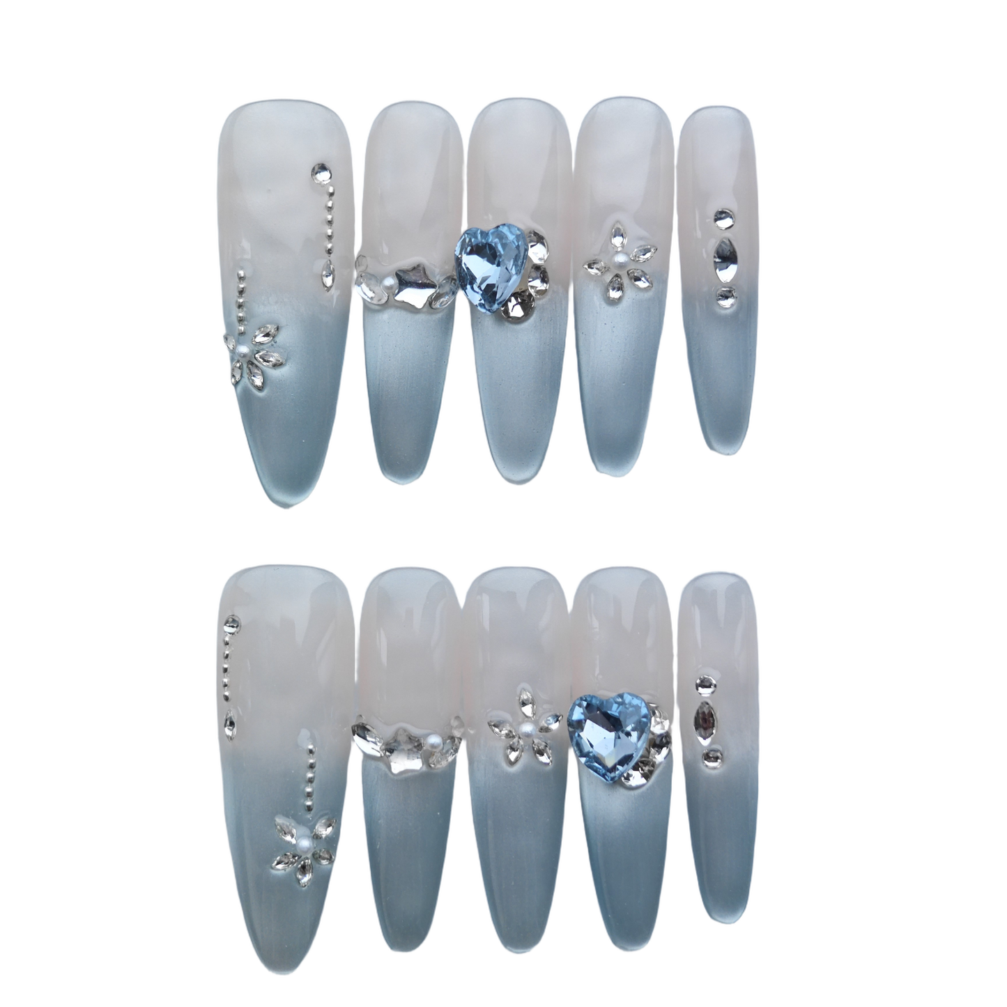 Blue Heart Crystal Ombre Press-On Nails – Elegant Gray Gradient with 3D Rhinestone Accents | Long Stiletto Fake Nails | Reusable Luxury Nail Art Tips
