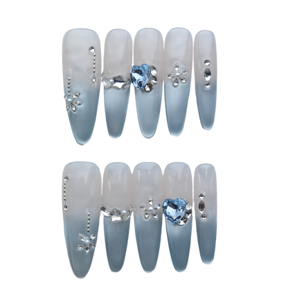 Blue Heart Crystal Ombre Press-On Nails – Elegant Gray Gradient with 3D Rhinestone Accents | Long Stiletto Fake Nails | Reusable Luxury Nail Art Tips