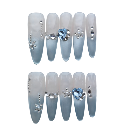 Blue Heart Crystal Ombre Press-On Nails – Elegant Gray Gradient with 3D Rhinestone Accents | Long Stiletto Fake Nails | Reusable Luxury Nail Art Tips