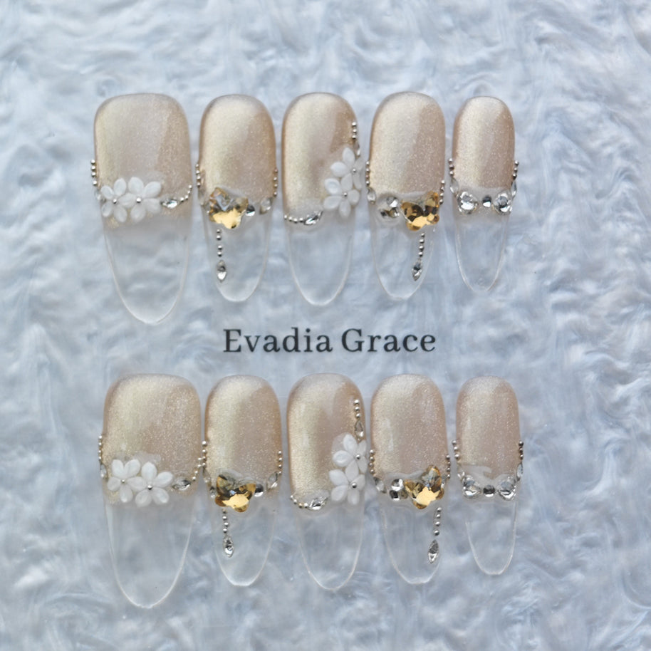 Elegant Champagne Glitter Press-On Nails – 3D White Flower & Crystal Accents | Long Clear Tip False Nails | Reusable Luxury Nail Art