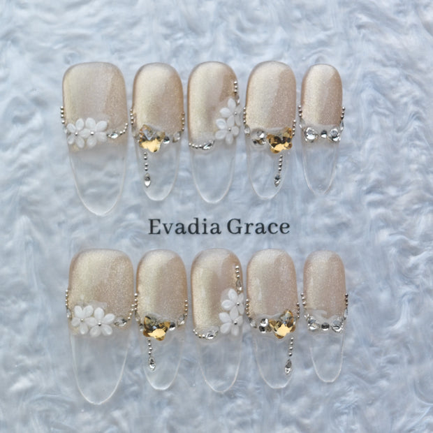 Elegant Champagne Glitter Press-On Nails – 3D White Flower & Crystal Accents | Long Clear Tip False Nails | Reusable Luxury Nail Art