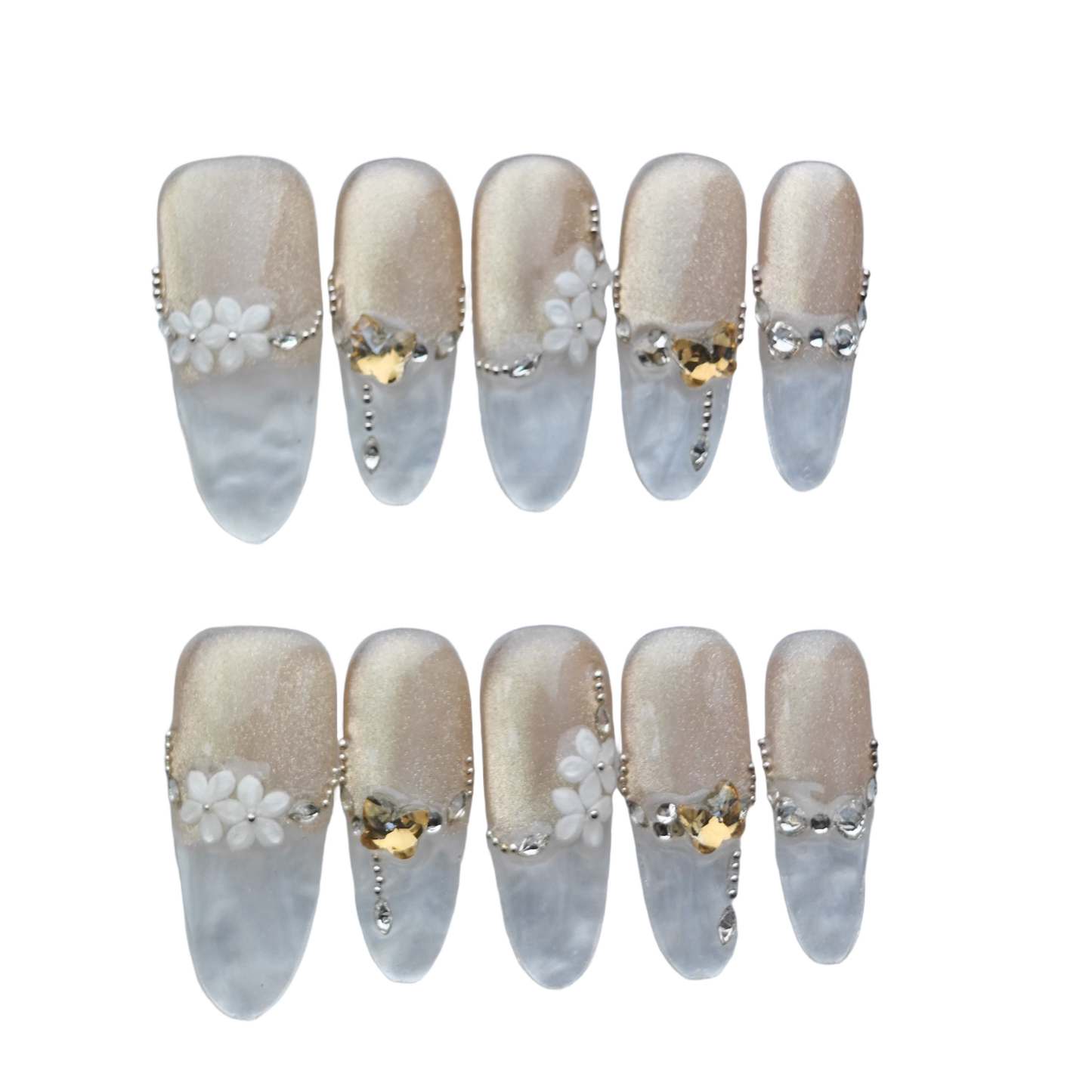 Elegant Champagne Glitter Press-On Nails – 3D White Flower & Crystal Accents | Long Clear Tip False Nails | Reusable Luxury Nail Art