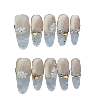Elegant Champagne Glitter Press-On Nails – 3D White Flower & Crystal Accents | Long Clear Tip False Nails | Reusable Luxury Nail Art