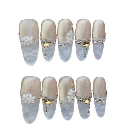 Elegant Champagne Glitter Press-On Nails – 3D White Flower & Crystal Accents | Long Clear Tip False Nails | Reusable Luxury Nail Art