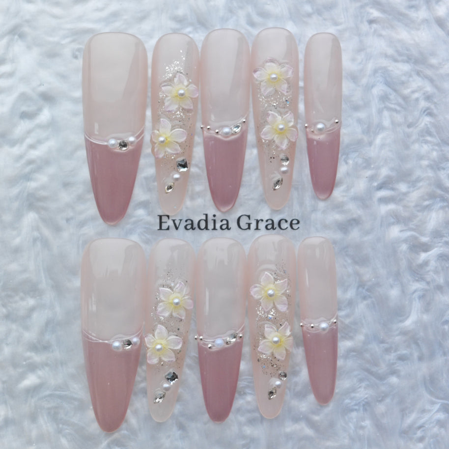 Blush Pink French Floral Press-On Nails – 3D Pearl & Crystal Design | Long Coffin Fake Nails | Elegant Wedding & Party Nail Art Tips