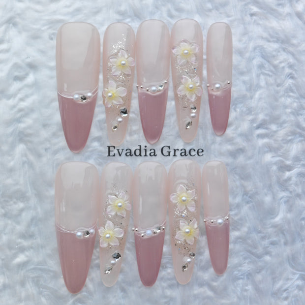 Blush Pink French Floral Press-On Nails – 3D Pearl & Crystal Design | Long Coffin Fake Nails | Elegant Wedding & Party Nail Art Tips