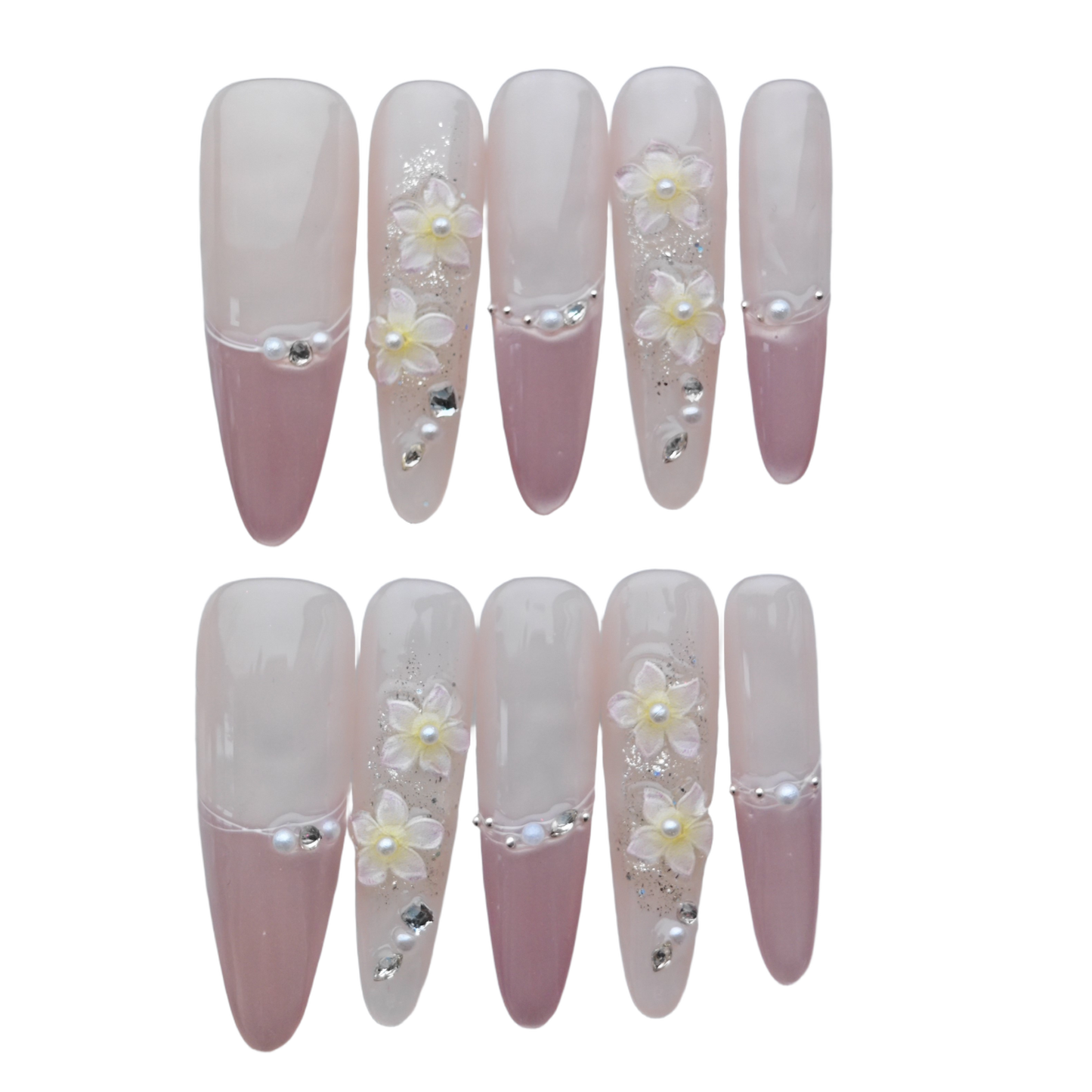 Blush Pink French Floral Press-On Nails – 3D Pearl & Crystal Design | Long Coffin Fake Nails | Elegant Wedding & Party Nail Art Tips