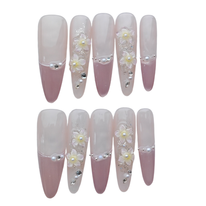 Blush Pink French Floral Press-On Nails – 3D Pearl & Crystal Design | Long Coffin Fake Nails | Elegant Wedding & Party Nail Art Tips