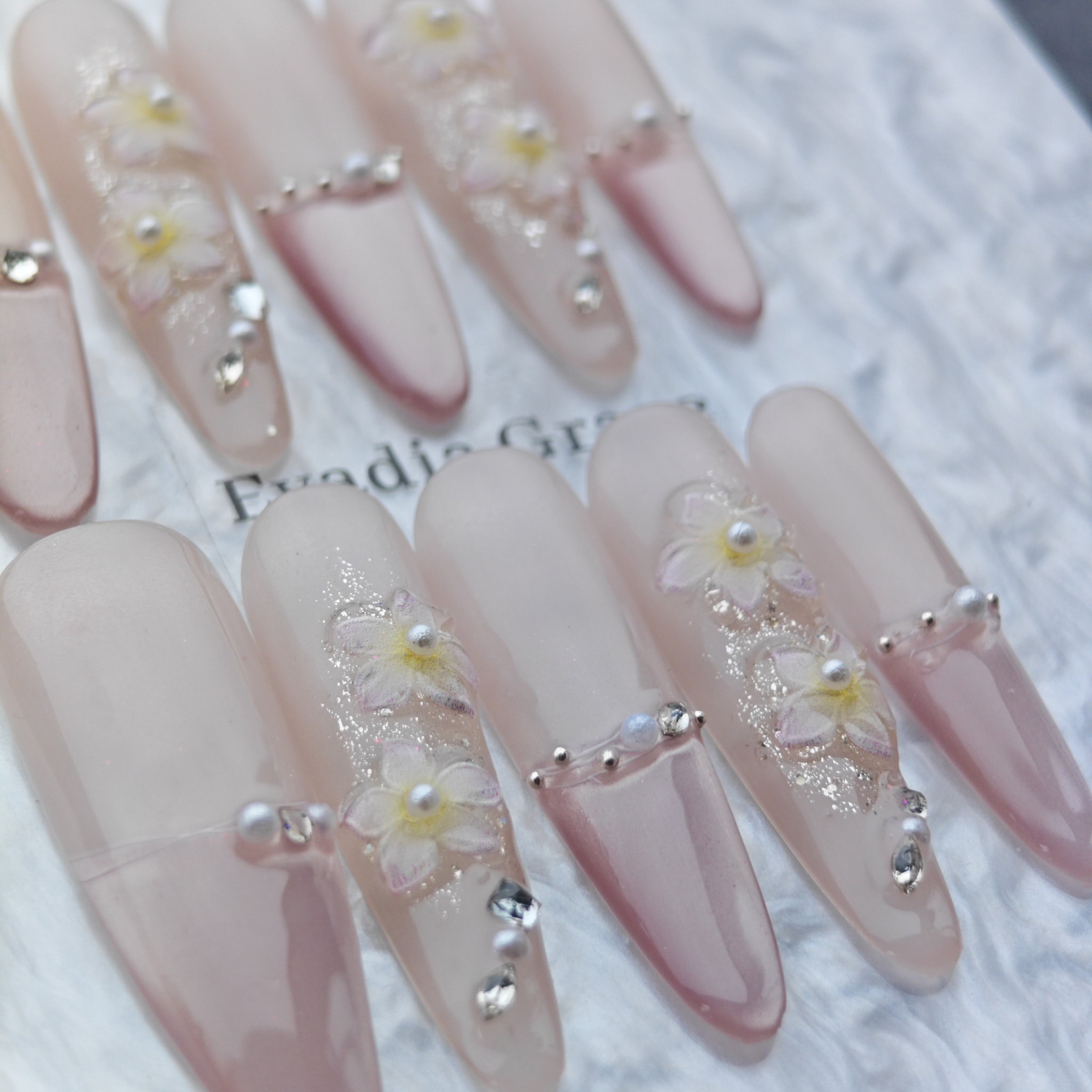 Blush Pink French Floral Press-On Nails – 3D Pearl & Crystal Design | Long Coffin Fake Nails | Elegant Wedding & Party Nail Art Tips