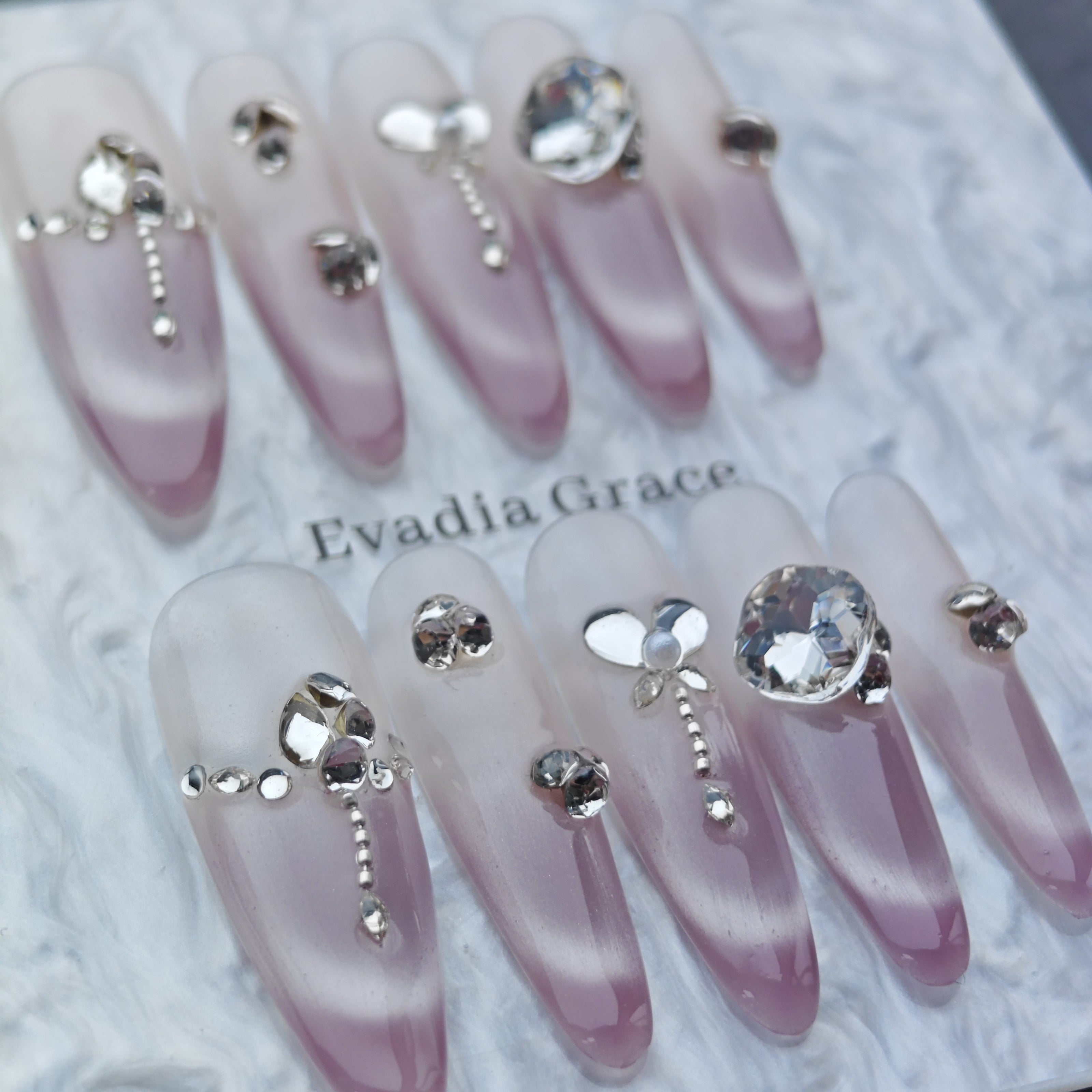 Dusty Rose Gradient Press On Nails – Crystal Butterfly & Heart Charms | Long Coffin Fake Nails | Reusable Luxury Nail Art Tips