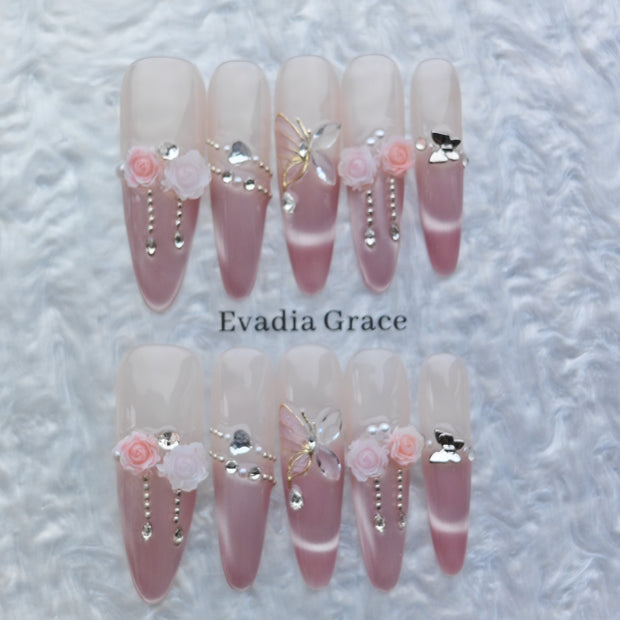 Blush Pink Ombre Press On Nails – 3D Rose & Butterfly Design | Long Coffin Luxury Fake Nails | Reusable Nail Art Tips