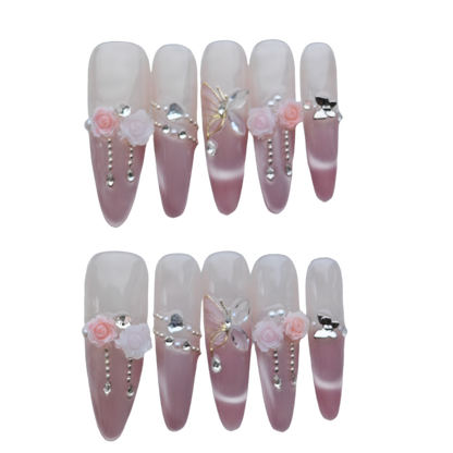 Blush Pink Ombre Press On Nails – 3D Rose & Butterfly Design | Long Coffin Luxury Fake Nails | Reusable Nail Art Tips