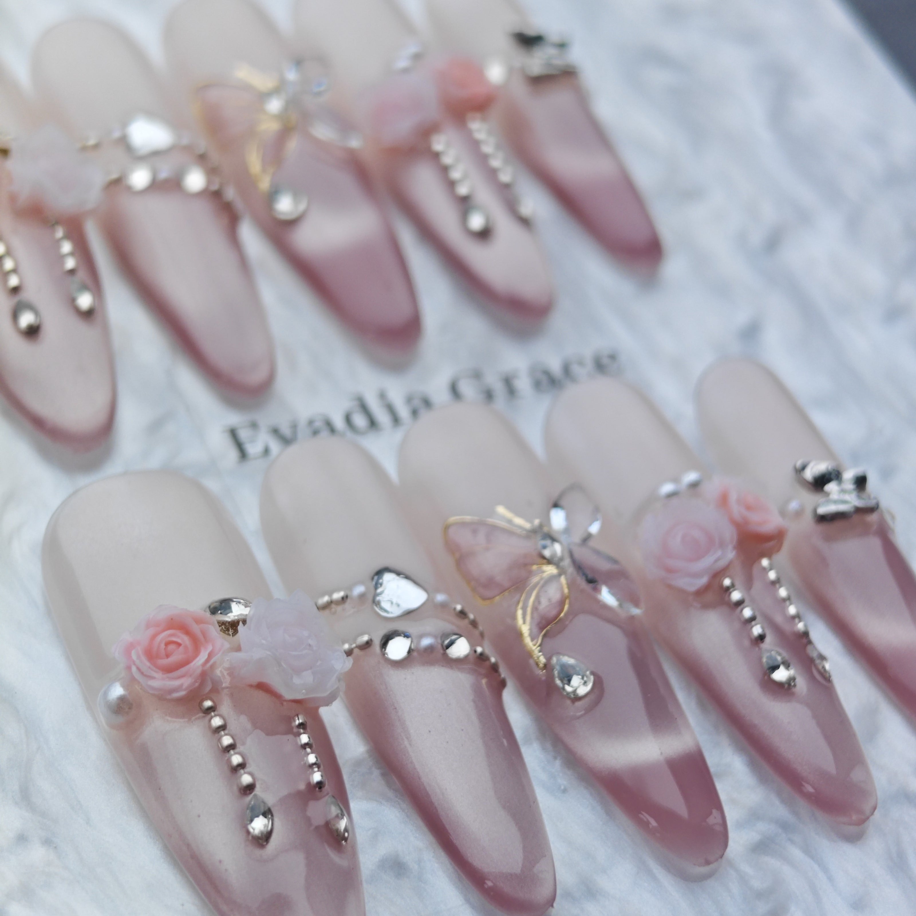 Blush Pink Ombre Press On Nails – 3D Rose & Butterfly Design | Long Coffin Luxury Fake Nails | Reusable Nail Art Tips