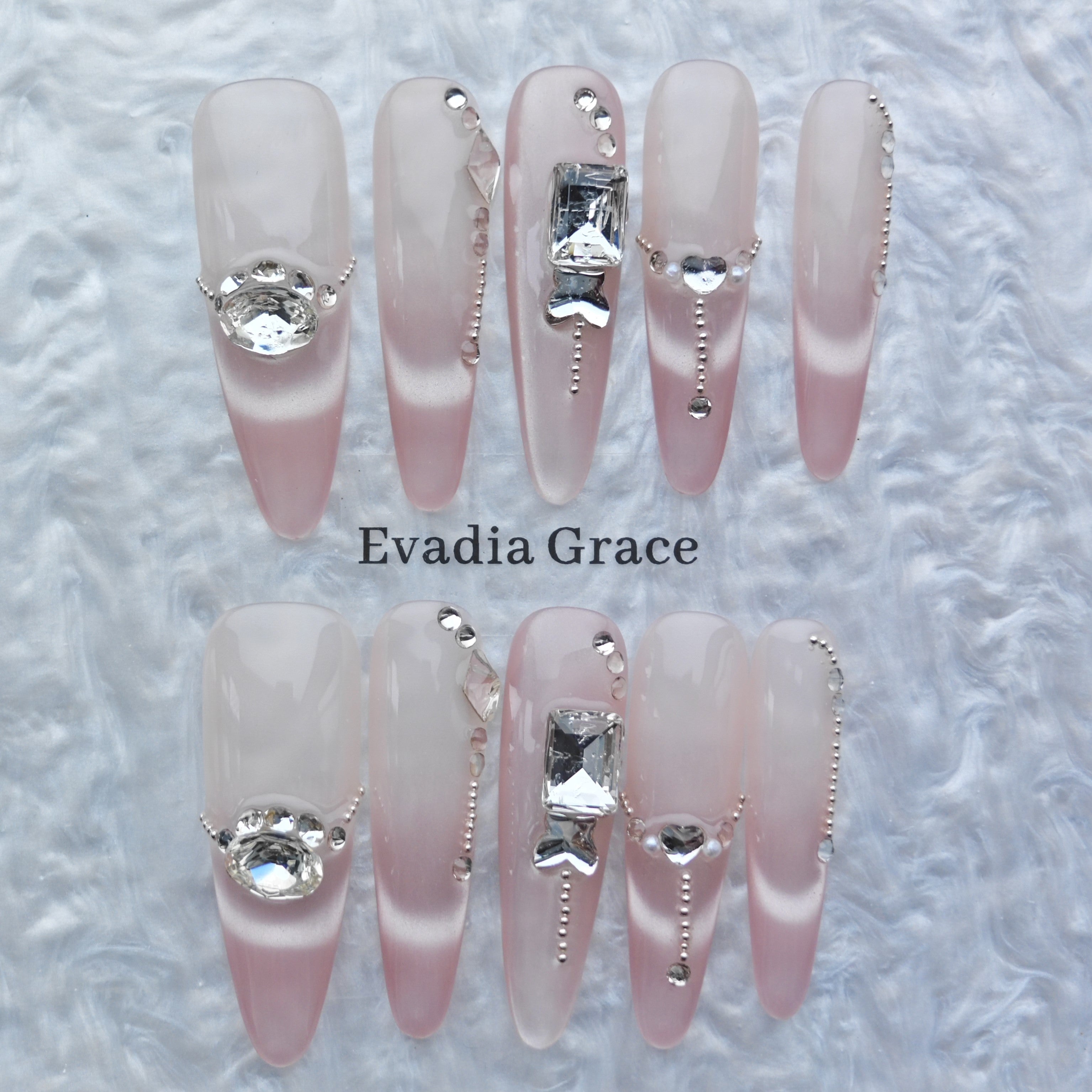 Romantic Pink Gradient Press-On Nails – 3D Crystal & Heart Accents | Long Coffin Luxury Fake Nails | Reusable Elegant Nail Art Tips