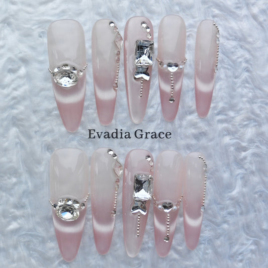 Romantic Pink Gradient Press-On Nails – 3D Crystal & Heart Accents | Long Coffin Luxury Fake Nails | Reusable Elegant Nail Art Tips